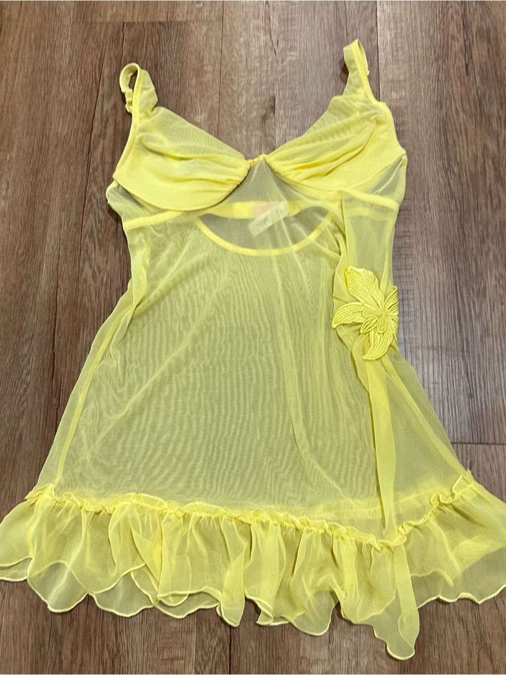 Victoria's Secret Bright Yellow Sheer Mesh Chemise with Floral Applique